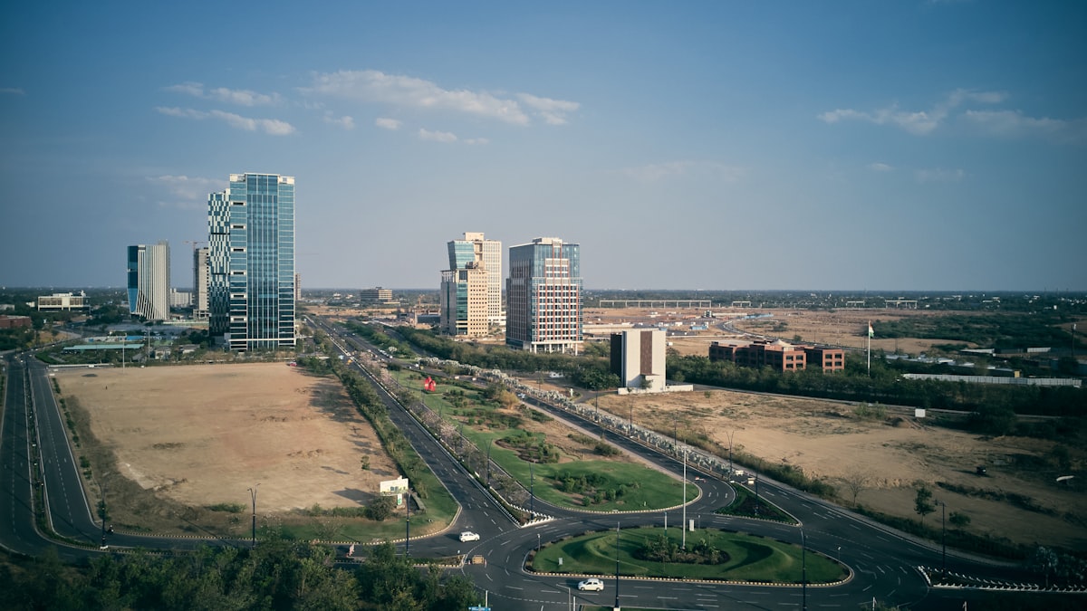 Aerial view of a nonresidential construction site showing reduced activity during a market slowdown.